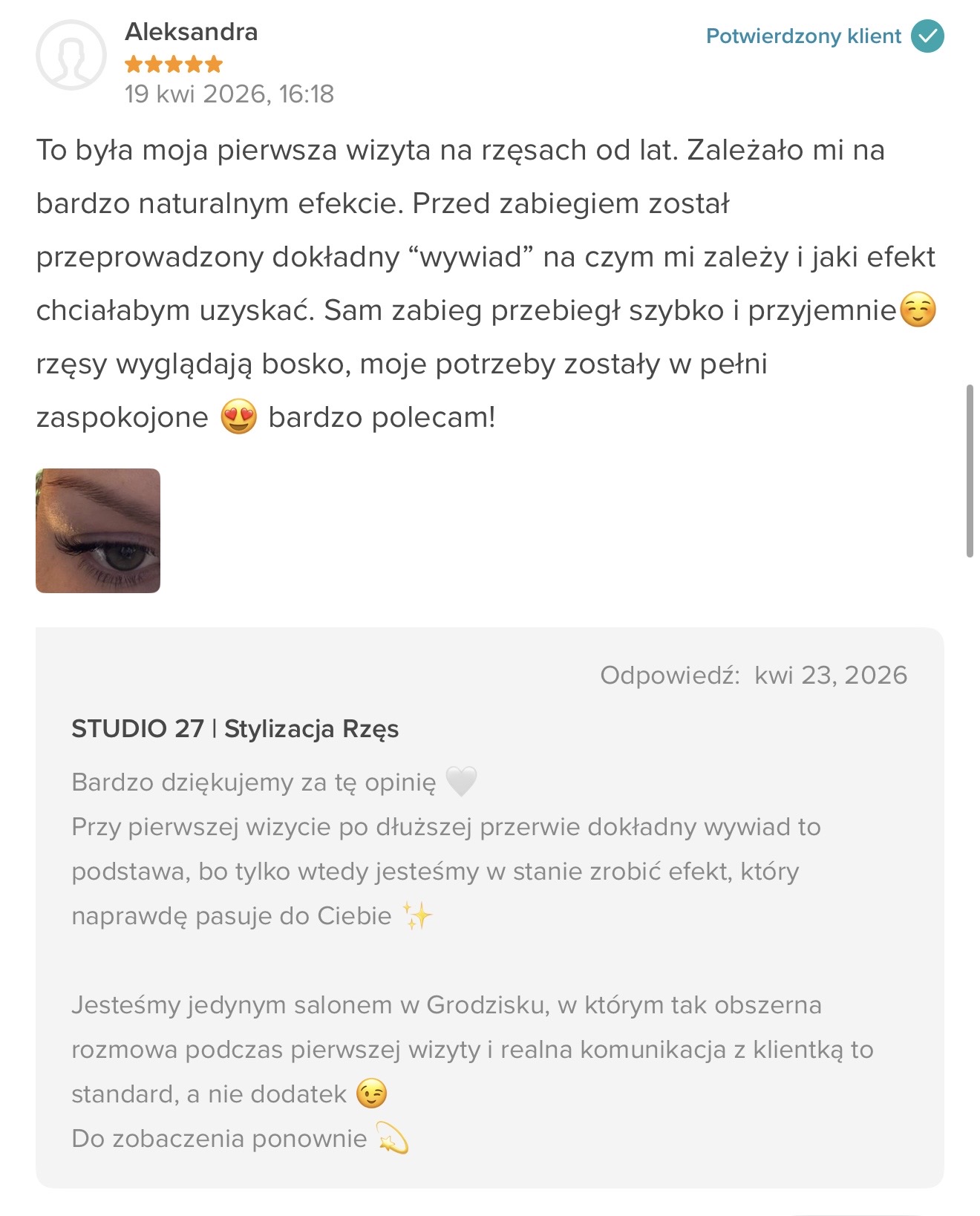 Opinia Aleksandry z Booksy - STUDIO 27